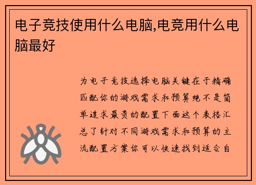 电子竞技使用什么电脑,电竞用什么电脑最好